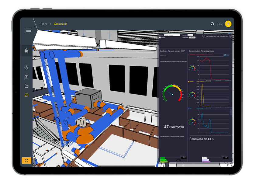 Jumeau numérique et données BIM sur tablette en forme wizzcad V4, sans fond